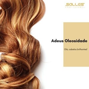 Cabelo loiro com mechas, texturizado e brilhante, contra um fundo neutro. O texto "Adeus Oleosidade" em destaque promete cabelos mais saudáveis e com menos oleosidade.