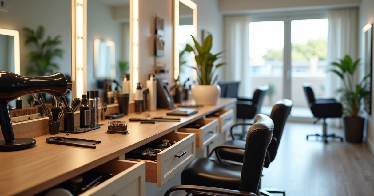 Bancada de salão de beleza organizada com diversos acessórios profissionais