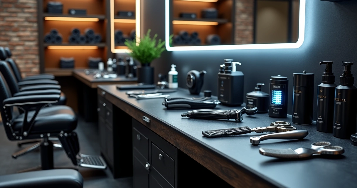 Barbearia moderna com equipamentos profissionais organizados em bancada de trabalho