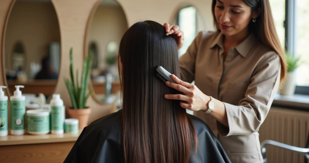 Cabeleireira aplicando progressiva orgânica em cabelo longo dentro de salão profissional