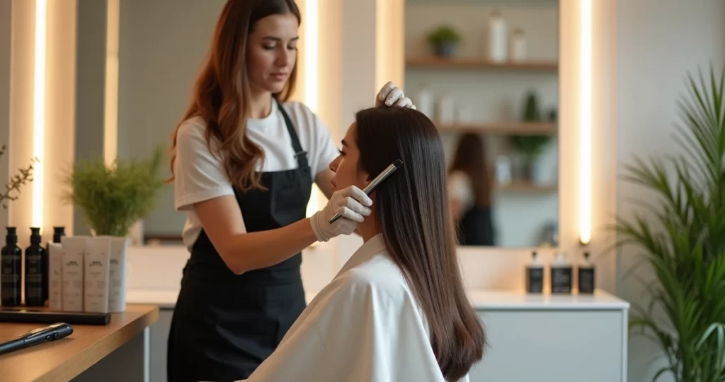 Cabeleireira aplicando progressiva sem formol em cliente em salão profissional