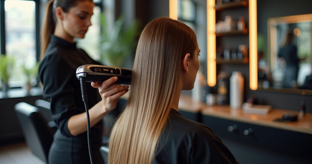 Cabeleireira usando chapinha profissional em cliente em salão de beleza moderno