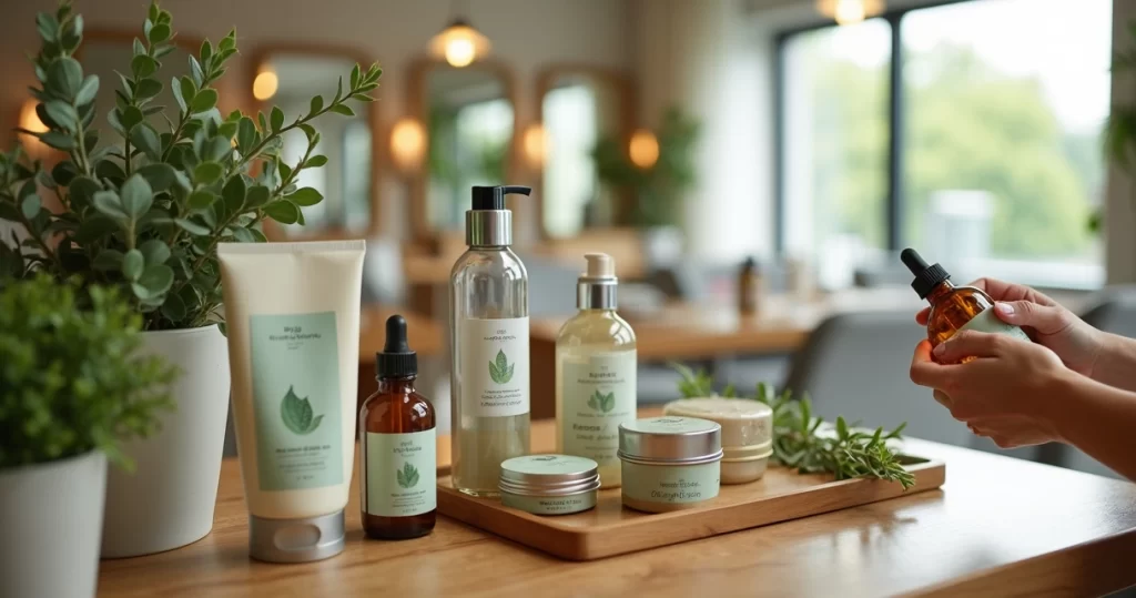 Profissional de salão escolhendo cosméticos sustentáveis em bancada de madeira