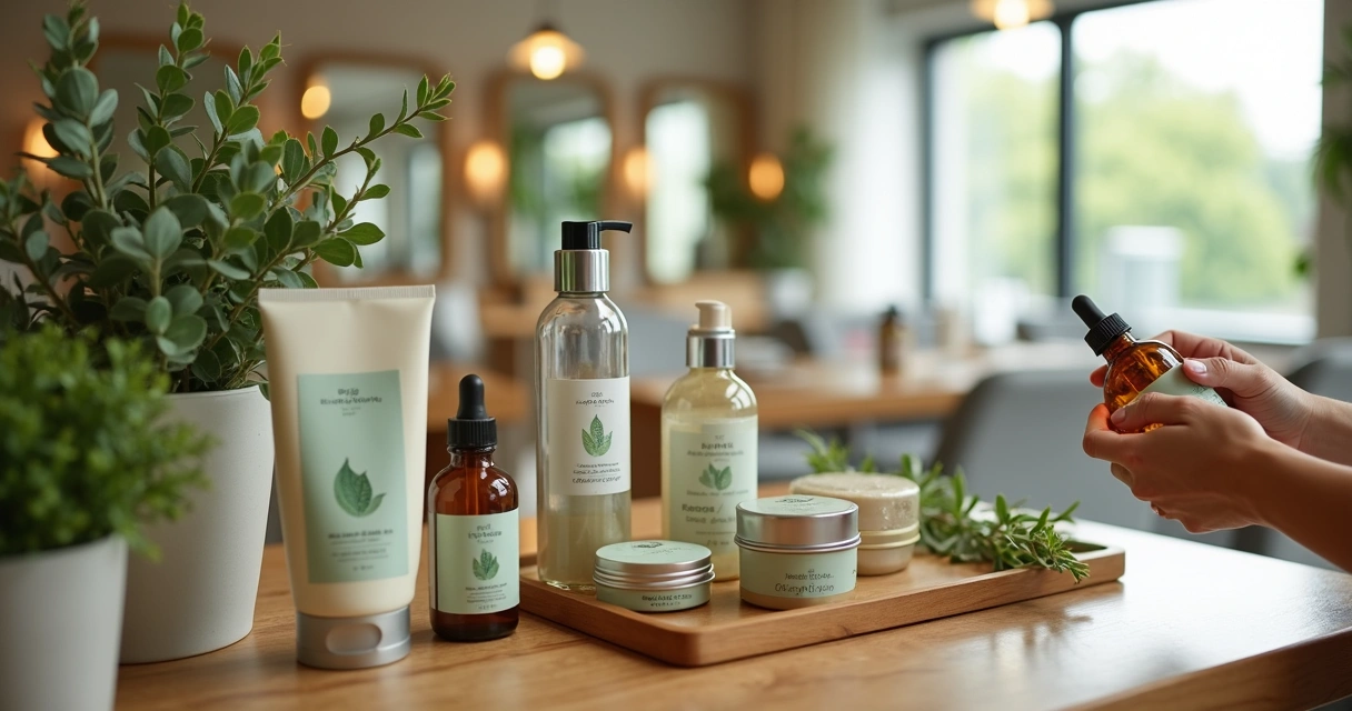 Profissional de salão escolhendo cosméticos sustentáveis em bancada de madeira