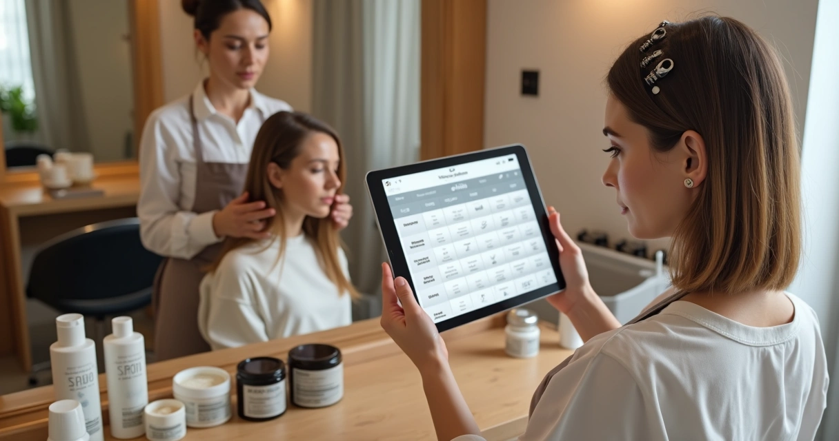 Cabeleireira monta cronograma de tratamentos capilares em salão profissional