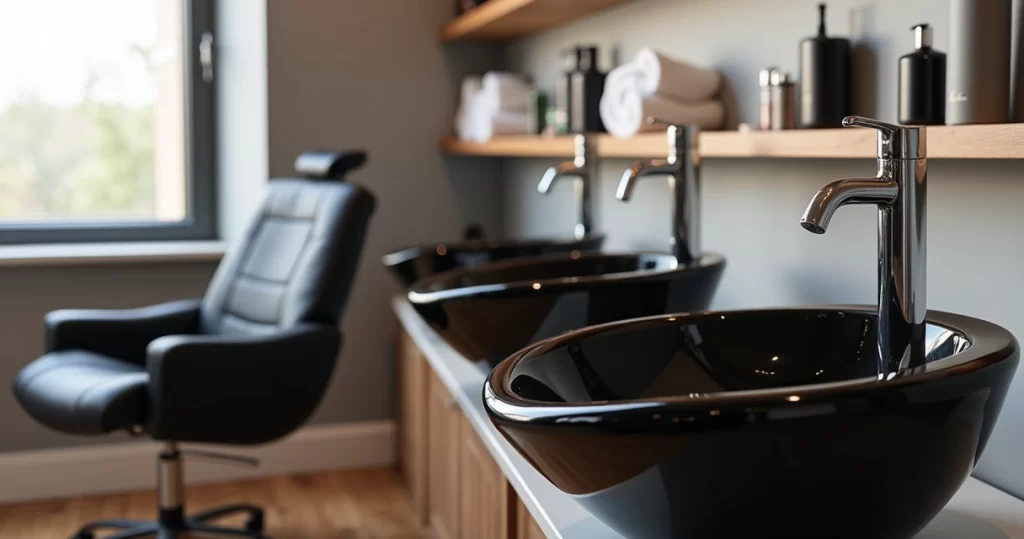 Lavatório de salão de beleza moderno com cuba ergonômica preta e cadeira reclinável