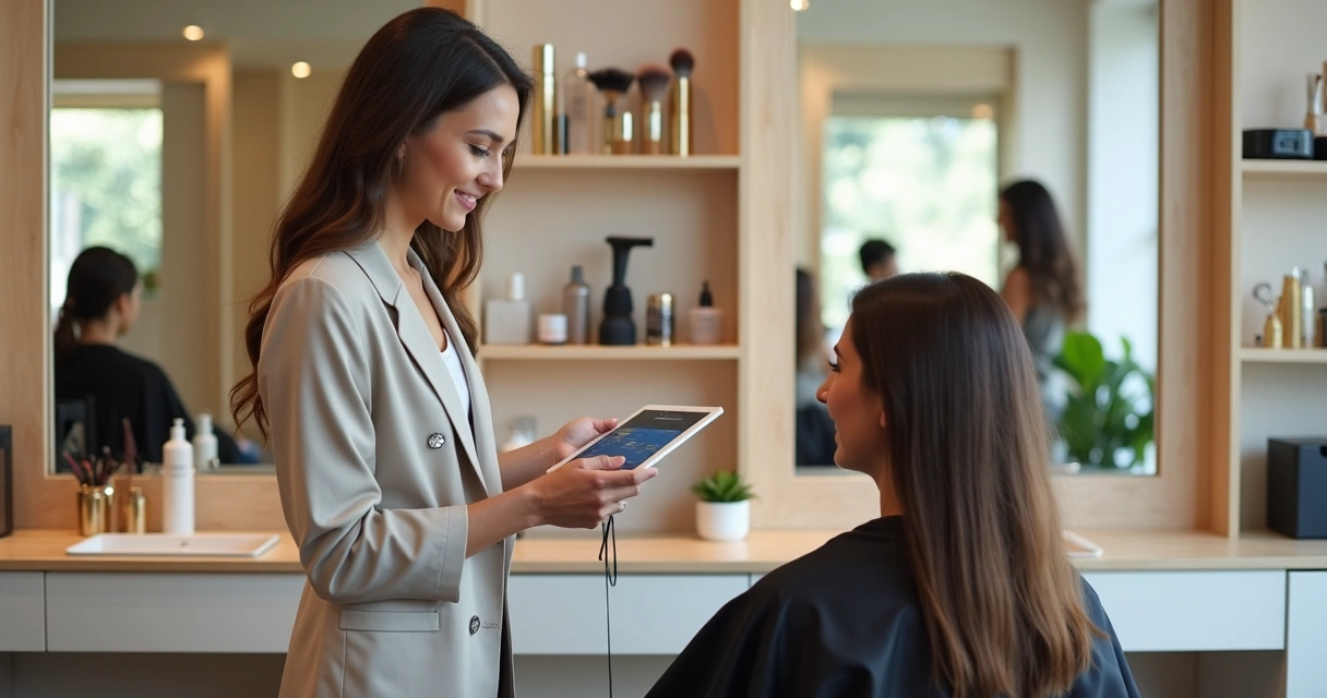 Profissional de salão de beleza atendendo cliente com ambiente moderno e acolhedor