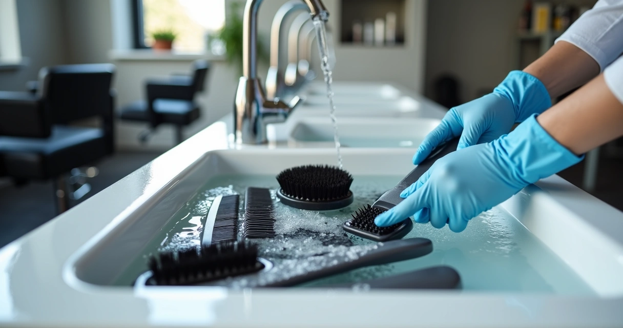 Cabeleireiro higienizando escovas e pentes profissionais em pia de salão