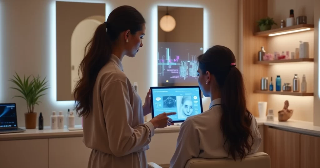 Profissional de beleza usando tablet com interface de inteligência artificial em salão moderno