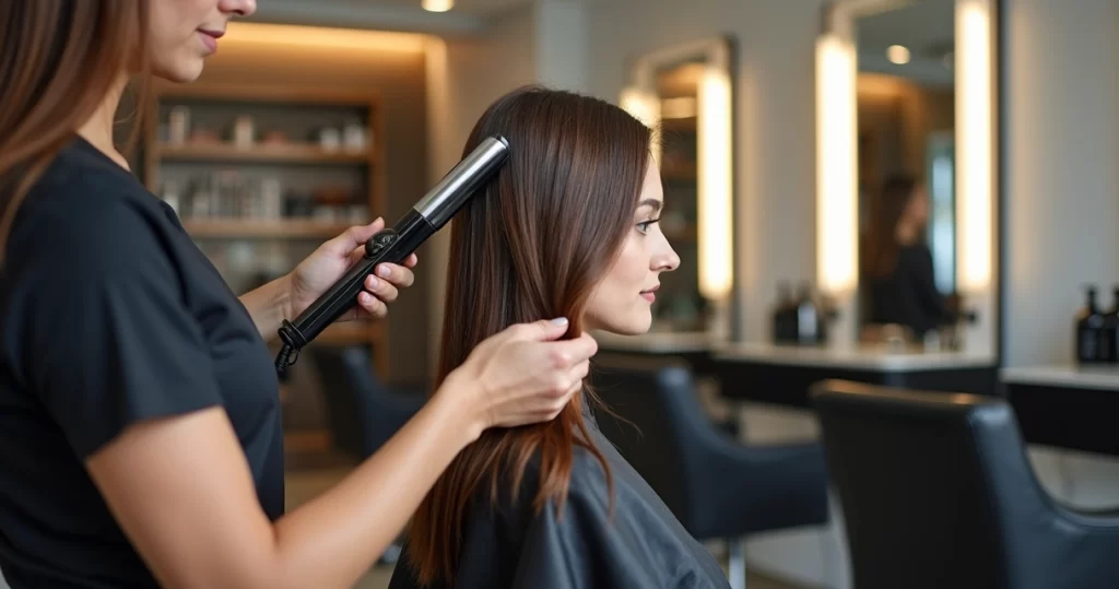 Cabeleireira usando prancha de cabelo profissional em cliente em salão moderno