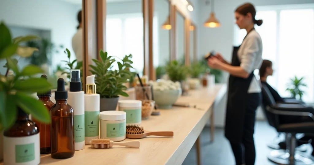 Mesa de salão de beleza com produtos veganos organizados ao lado de uma cabeleireira atendendo cliente