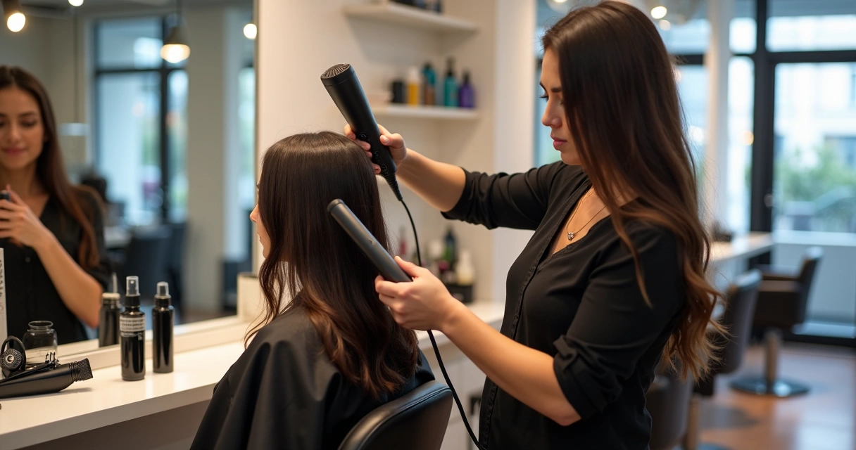 Cabeleireira usando chapinha e secador em cliente em salão de beleza moderno