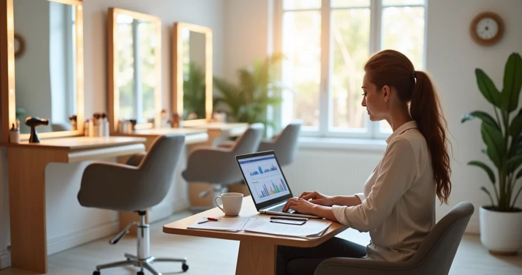 Dona de salão de beleza analisando custos em laptop ao lado de cadeira de atendimento