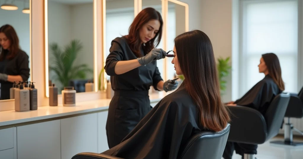 Cabeleireira aplicando escova progressiva em cliente em salão profissional moderno