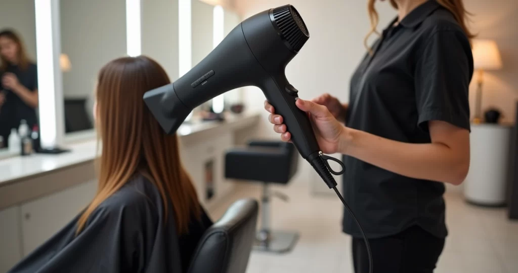 Cabeleireiro usando secador de cabelo profissional em cliente no salão
