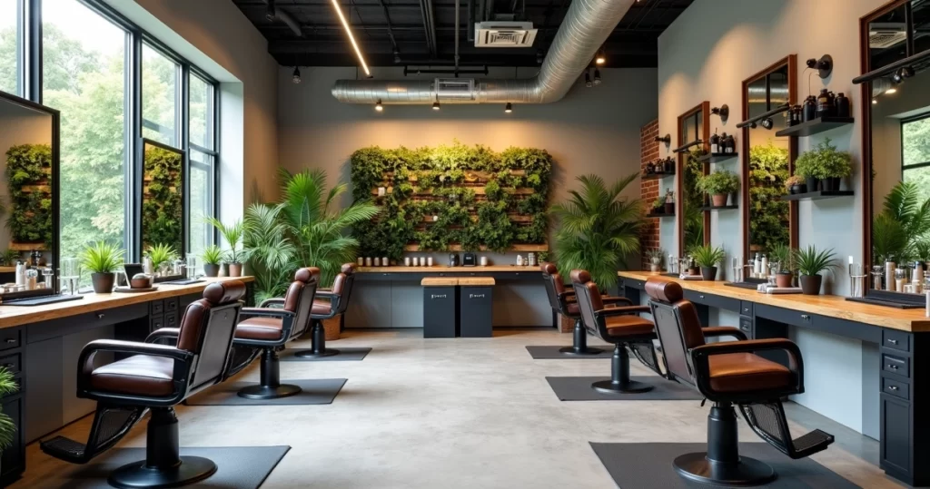 Barbearia moderna com decoração ecológica e plantas naturais