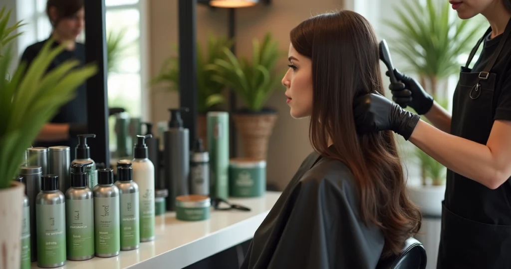 Cabeleireira aplicando escova progressiva orgânica sem formol em cliente em salão profissional moderno