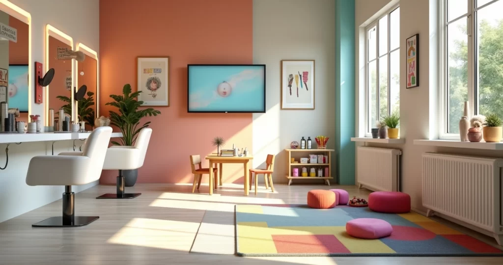 Espaço kids colorido montado dentro de salão de beleza moderno