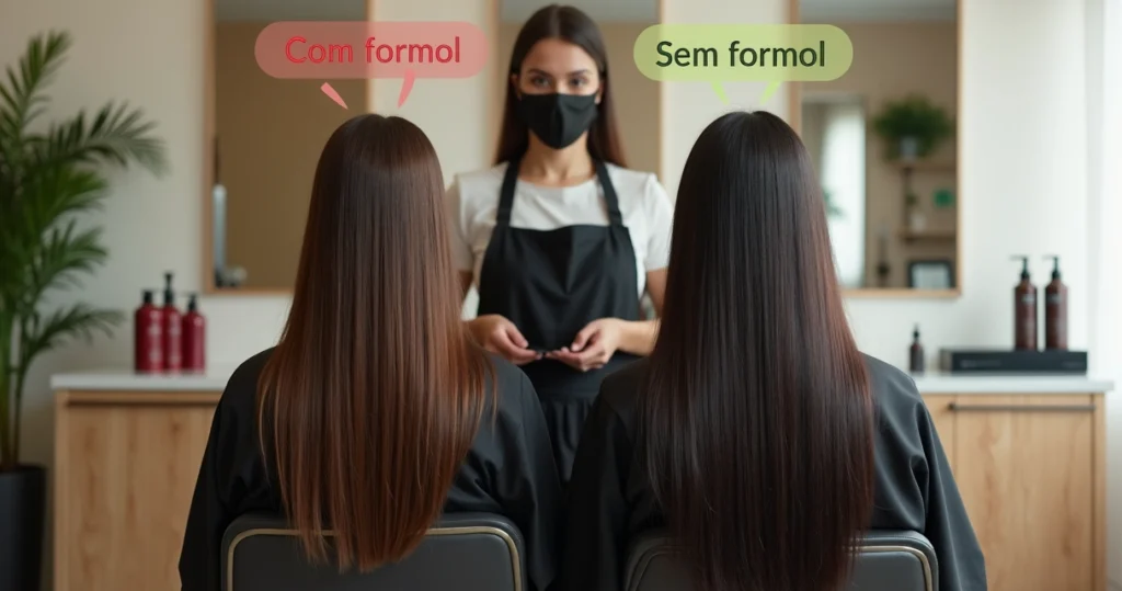 Cabeleireira mostrando comparação entre progressiva com formol e sem formol em cabelo longo