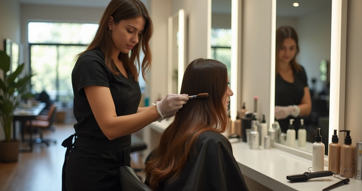 Cabeleireira aplicando progressiva sem formol em cabelo longo e ondulado em salão de beleza moderno