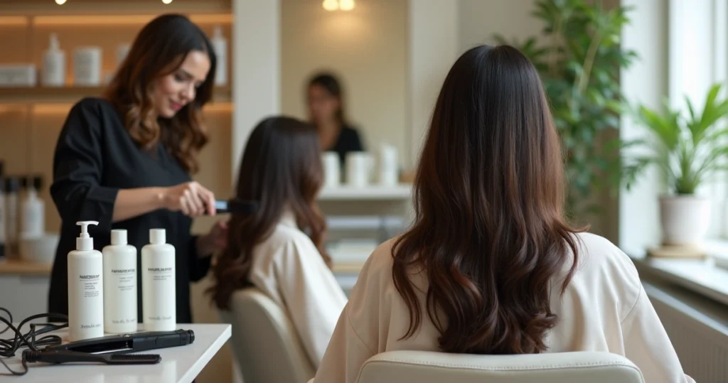 Cabeleireira aplicando progressiva sem formol em cabelo longo em salão moderno