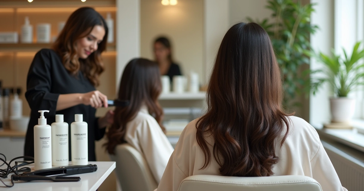 Cabeleireira aplicando progressiva sem formol em cabelo longo em salão moderno