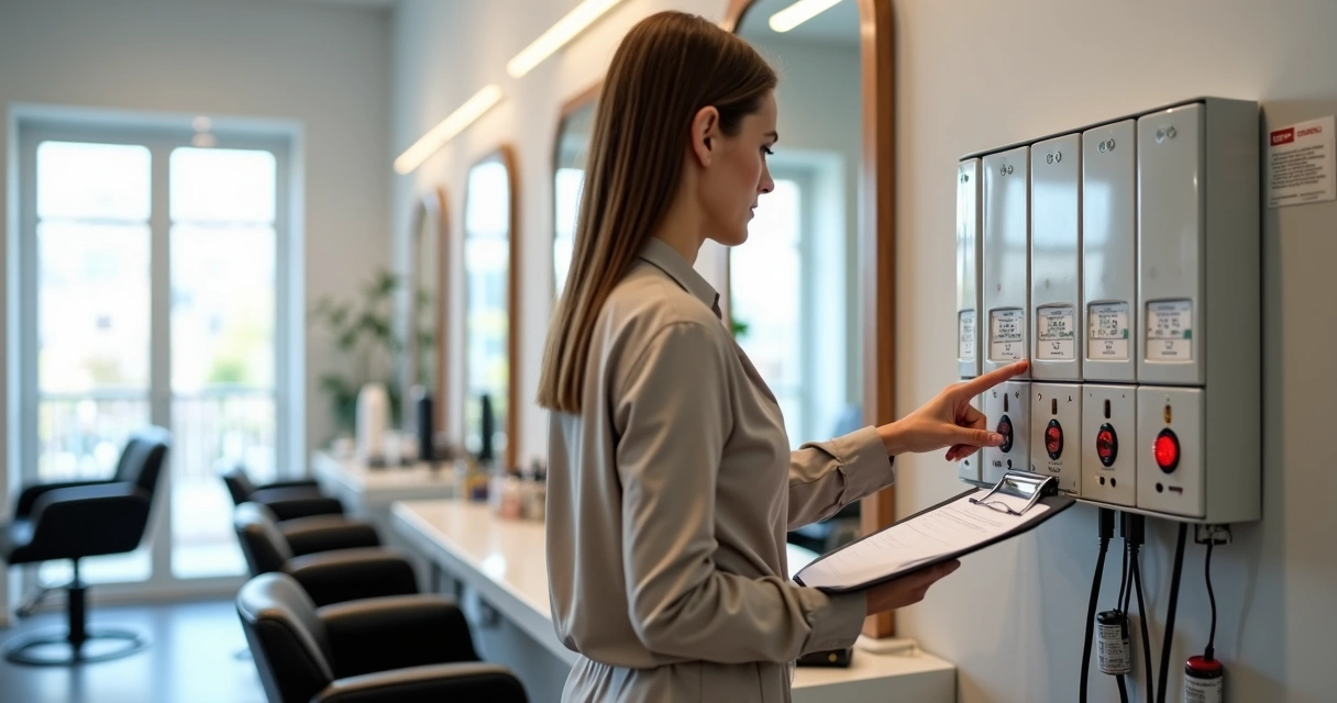 Profissional da beleza ajustando painel elétrico organizado em salão de beleza moderno