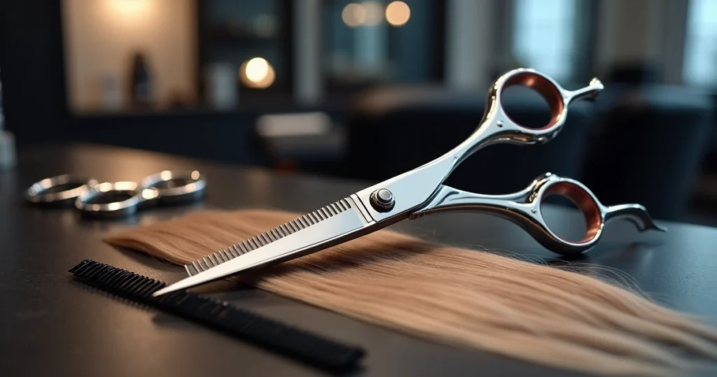 Tesoura profissional de corte posicionada sobre mechas de cabelo em bancada de salão
