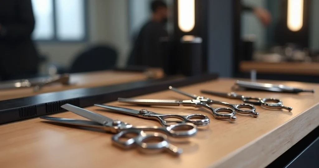 Tesouras profissionais e navalha alinhadas em bancada de salão de beleza