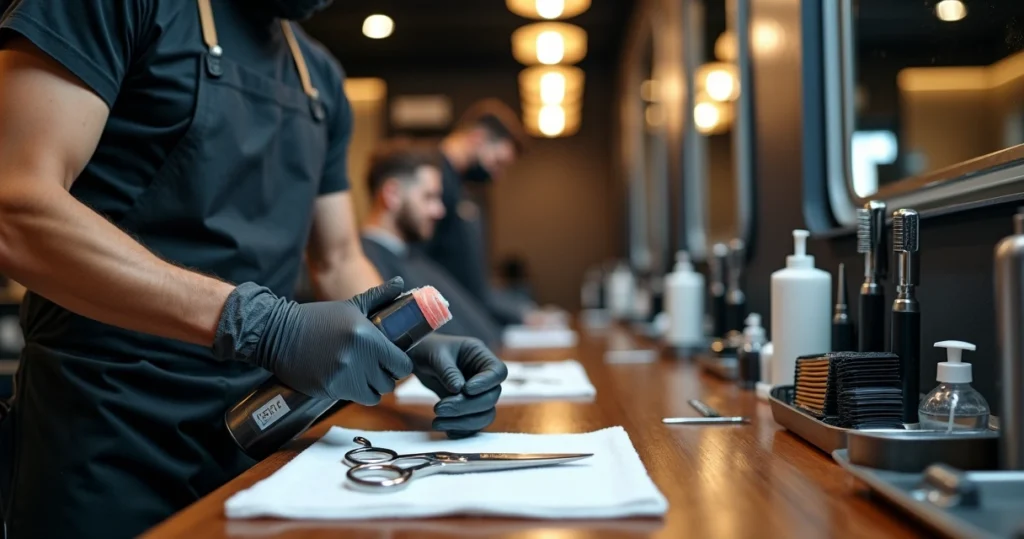 Barbeiro usando luvas e máscara higienizando ferramentas em bancada de barbearia