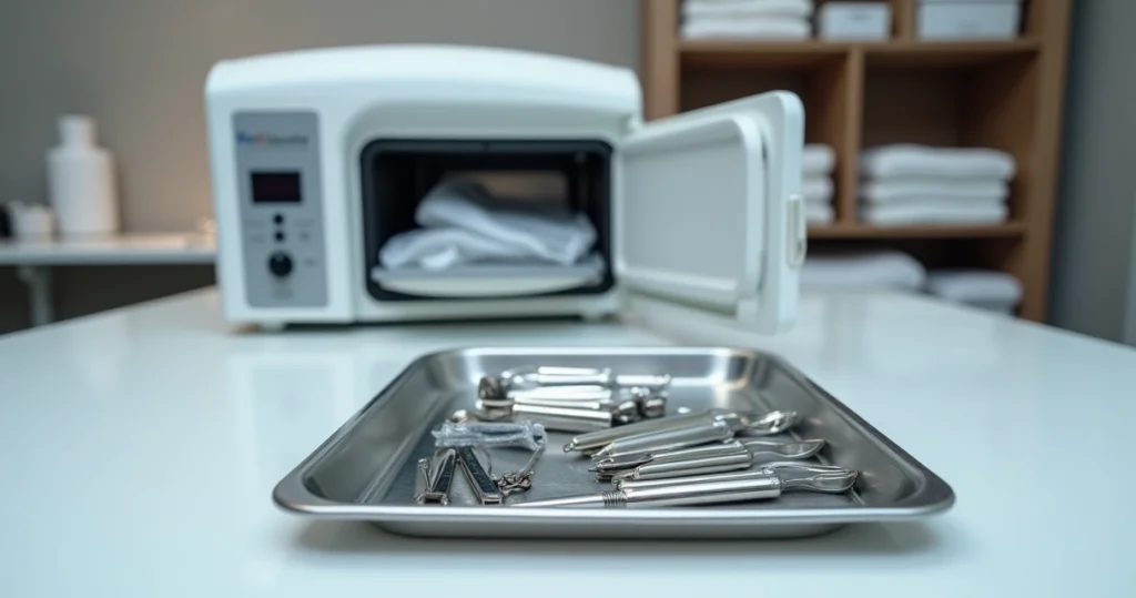 Bandeja de aço inox com alicates e pinças esterilizados em salão de beleza profissional