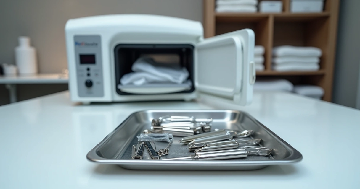 Bandeja de aço inox com alicates e pinças esterilizados em salão de beleza profissional