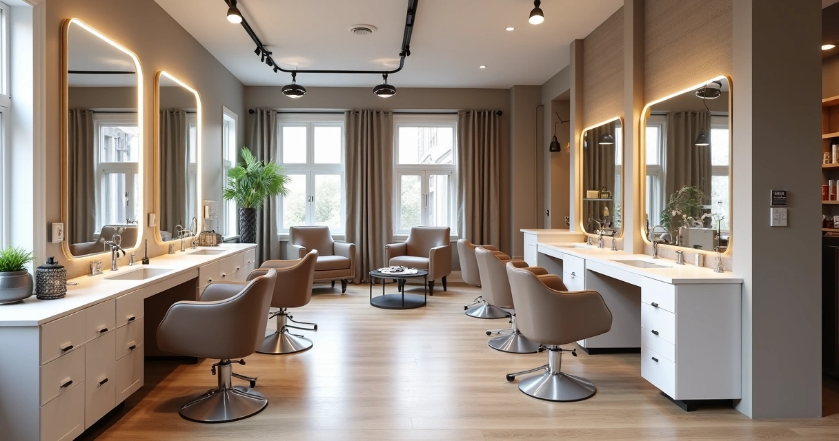 Salão de beleza moderno com móveis funcionais e design sofisticado