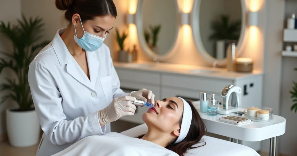 Profissional de estética aplicando ozonioterapia no rosto de cliente em salão de beleza moderno