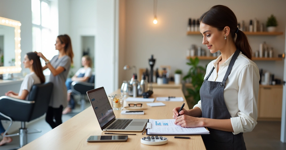 Profissional de beleza calculando preços em salão com cliente ao fundo