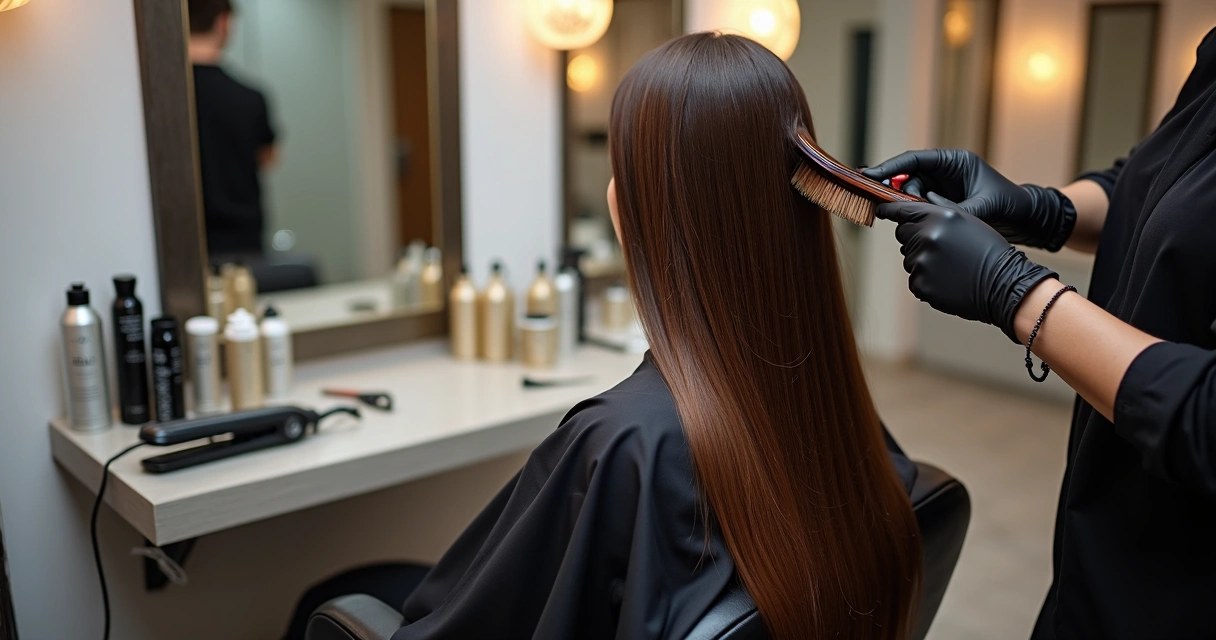 Cabeleireira aplicando progressiva em cabelo longo e liso com brilho intenso em salão de beleza moderno