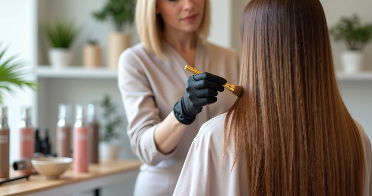 Cabeleireira aplicando tintura sem amônia em cabelo longo e saudável
