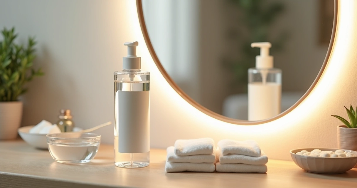 Frasco de água micelar sobre bancada de salão de beleza com toalhas e algodões
