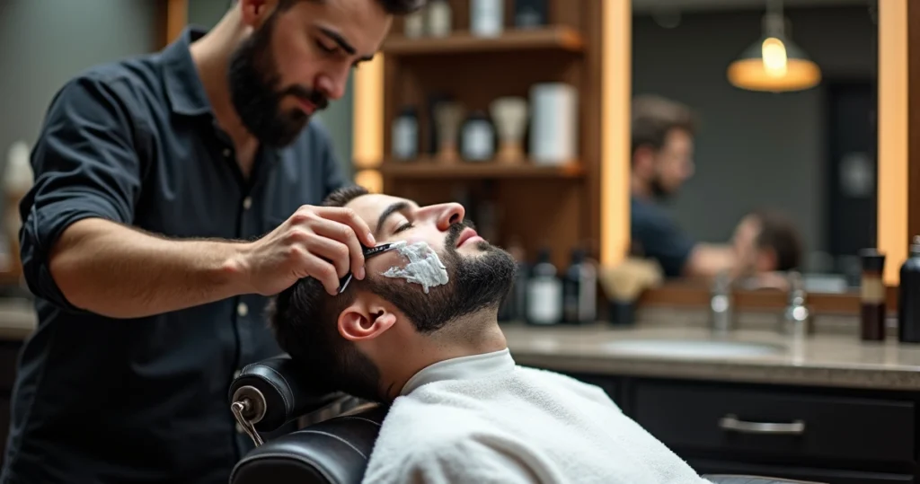 Barbeiro fazendo barba com navalha no rosto de cliente diante do espelho