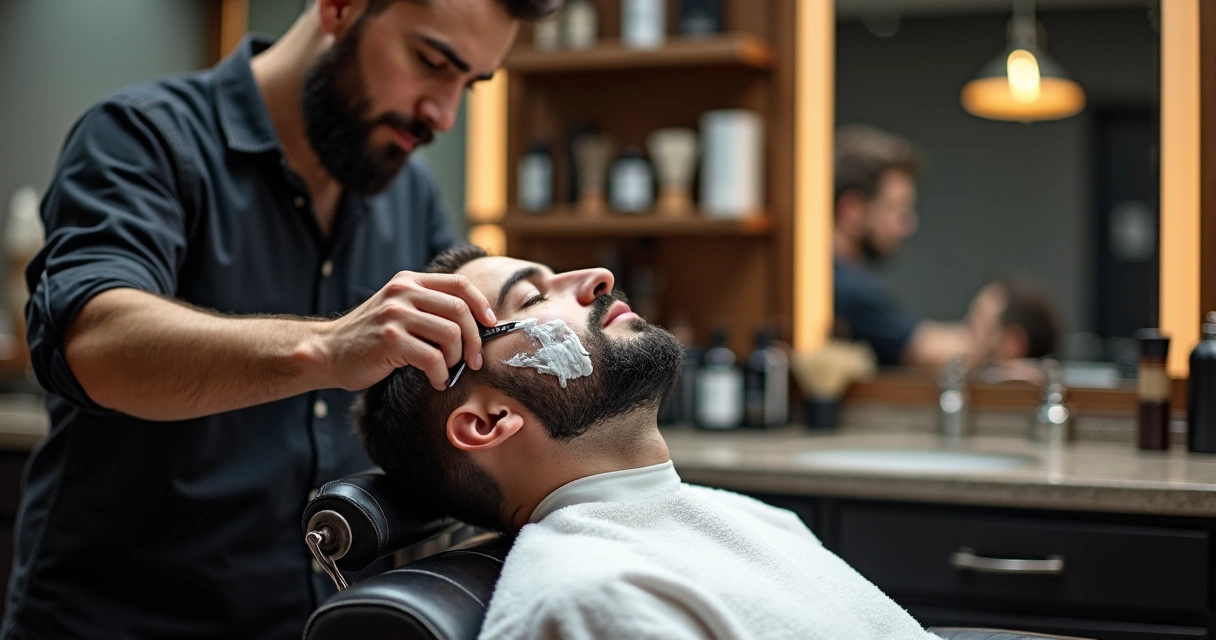 Barbeiro fazendo barba com navalha no rosto de cliente diante do espelho