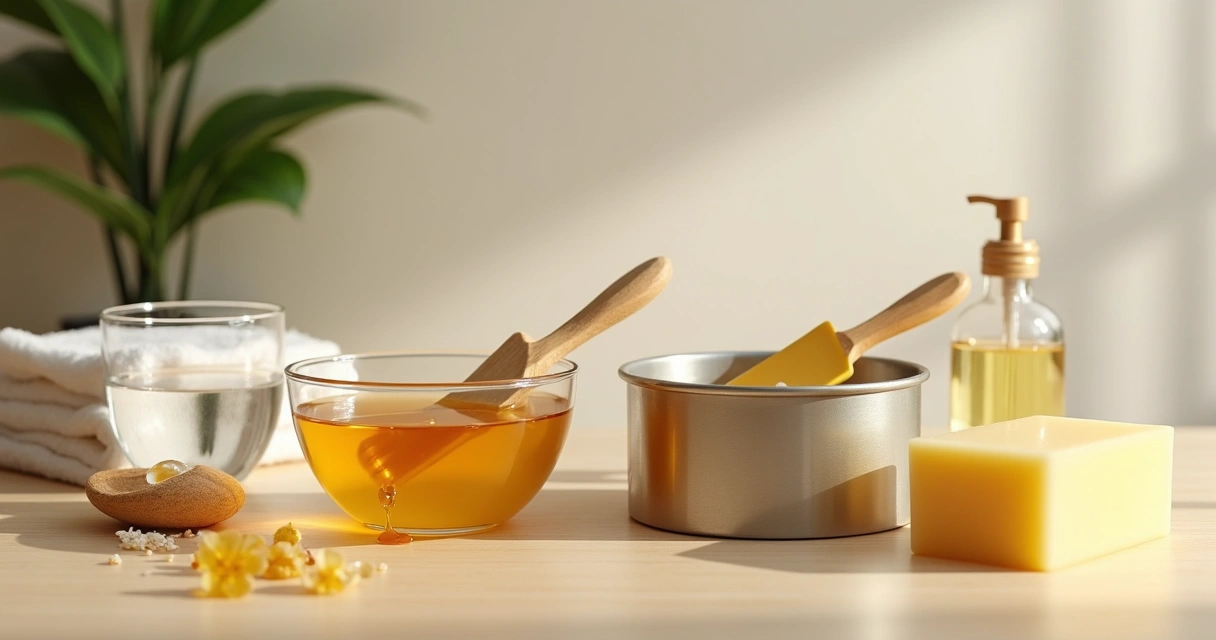 Mesa de spa com cera hidrossolúvel e lipossolúvel lado a lado em potes diferentes