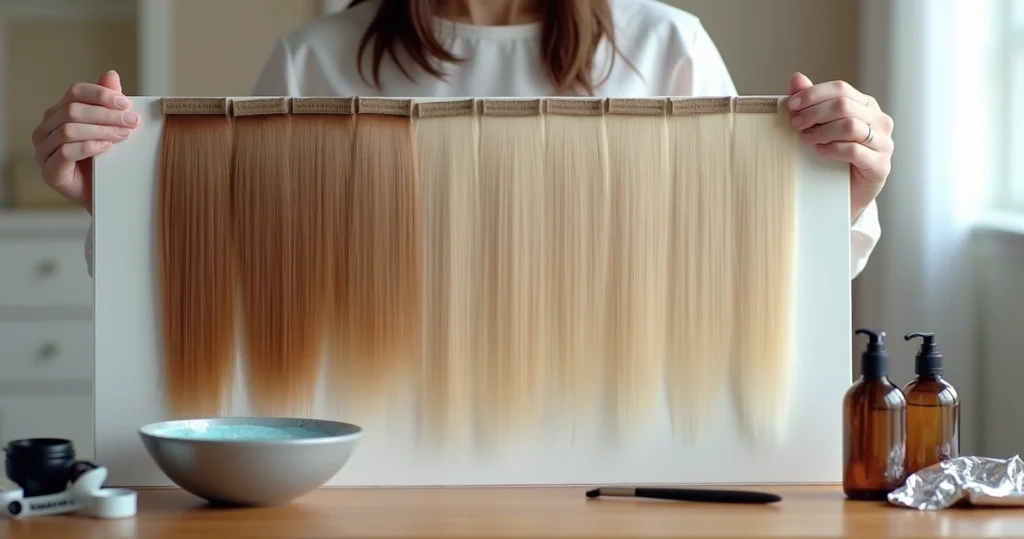 Comparação de mechas de cabelo antes e depois do clareamento capilar em mãos enluvadas do profissional