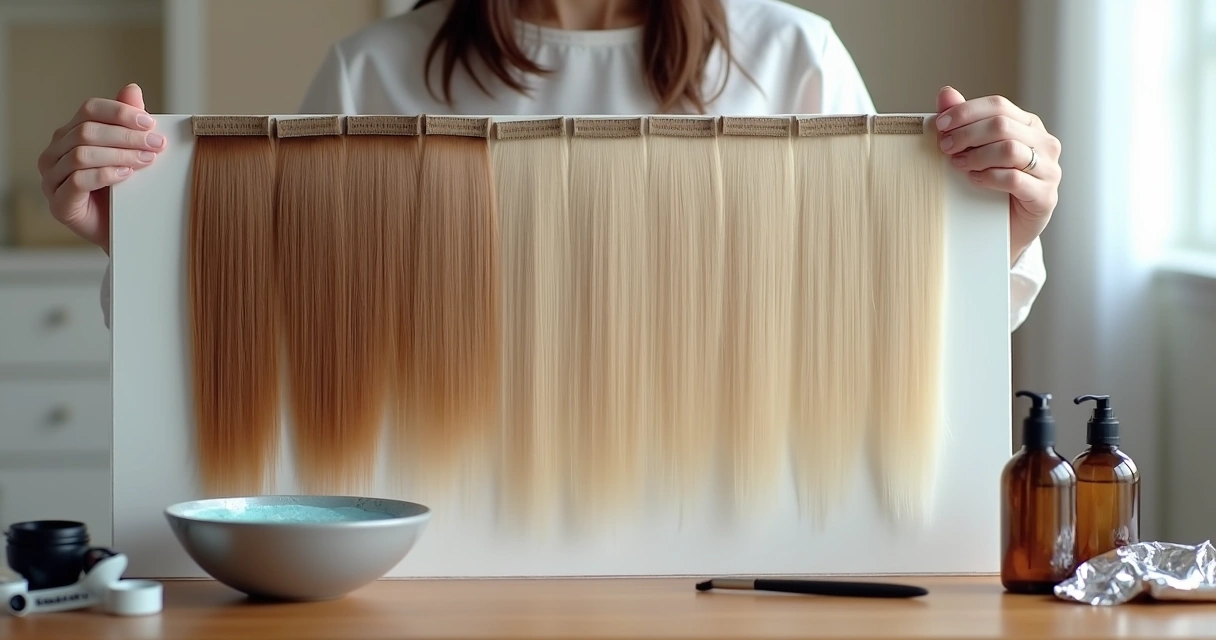 Comparação de mechas de cabelo antes e depois do clareamento capilar em mãos enluvadas do profissional