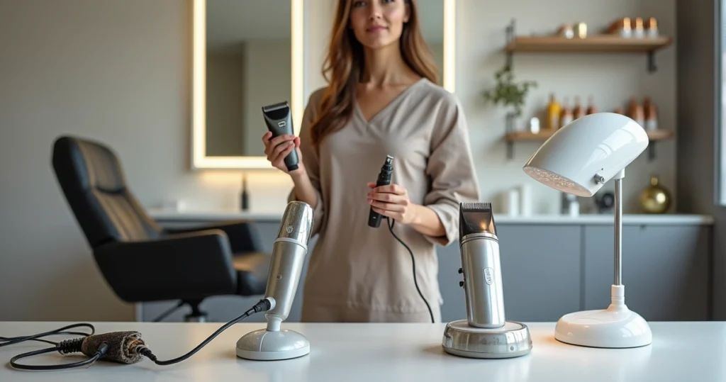 Profissional comparando equipamentos antigos e novos em salão de beleza