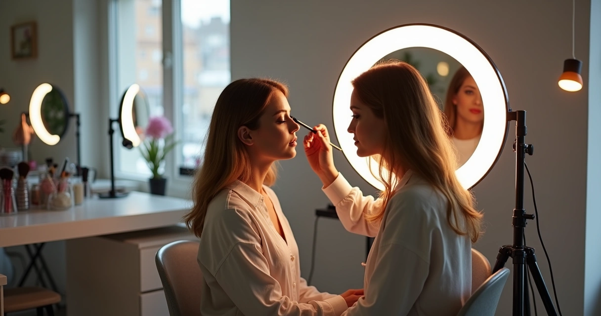 Maquiadora ajustando luz de camarim enquanto finaliza maquiagem em cliente no salão