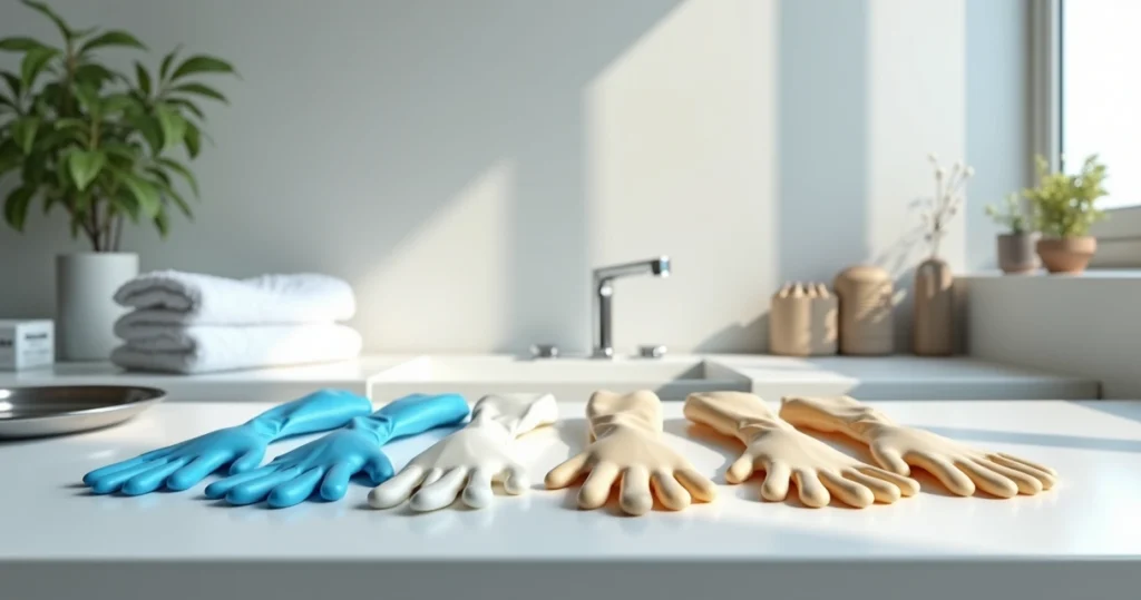 Luvas descartáveis de diferentes materiais alinhadas em bancada clara