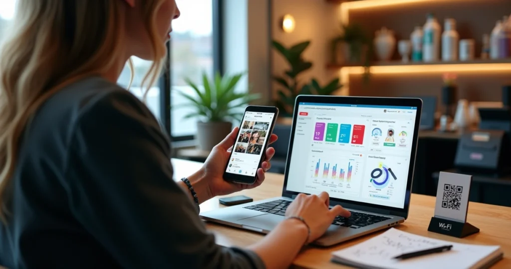 Dona de salão de beleza analisando campanhas de marketing digital no notebook próximo à área de recepção