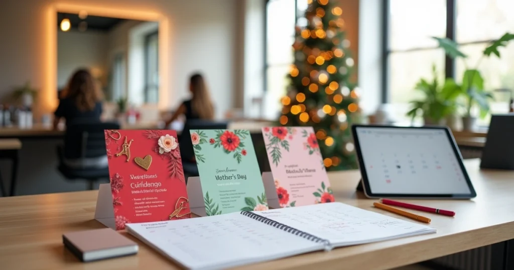 Mesa de salão de beleza com folhetos coloridos de pacotes de serviços para datas comemorativas