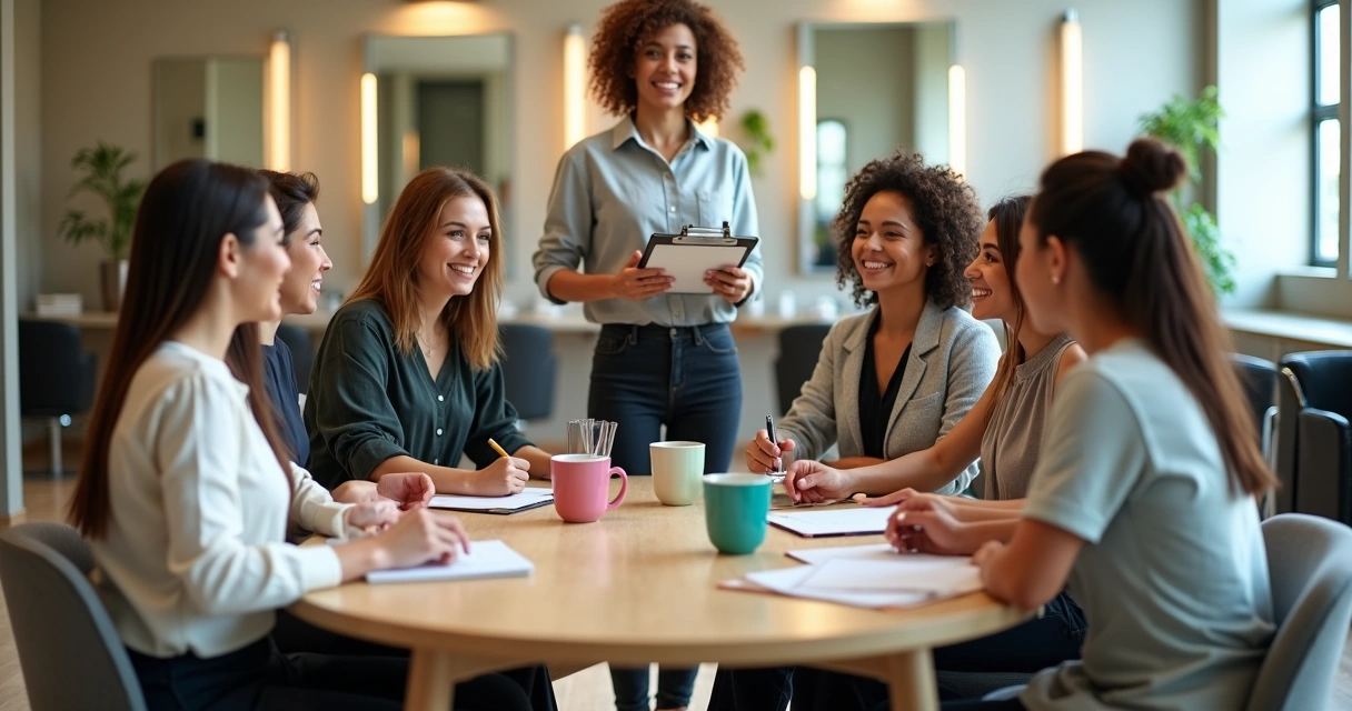 Equipe de salão de beleza em reunião descontraída ao redor de uma mesa