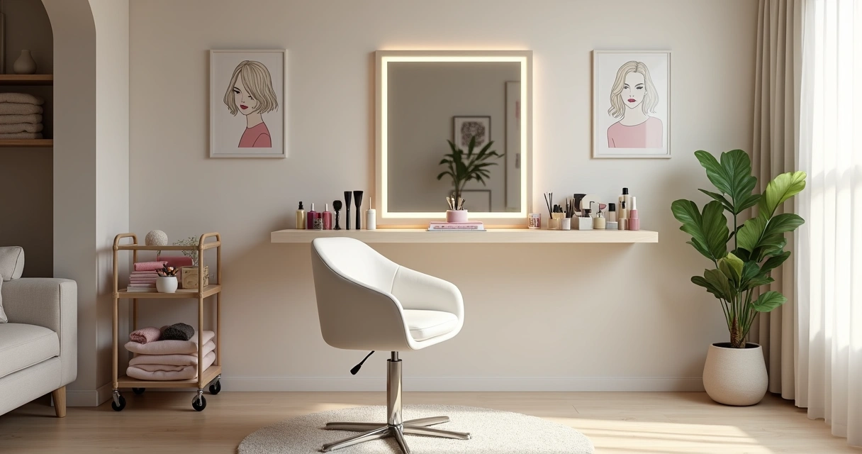 Canto de sala transformado em pequeno salão de beleza caseiro organizado e moderno